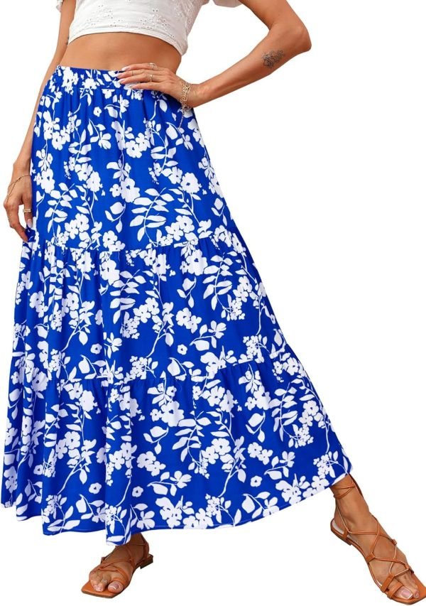 Saonta  Womens 2024 Spring Summer High Waist Boho Floral Maxi Skirt Casual Flowy Swing Pleated A Line Beach Long Skirts