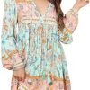 Saonta  Womens Long Sleeve Floral Casual Print Cotton Mini Tunic Dress