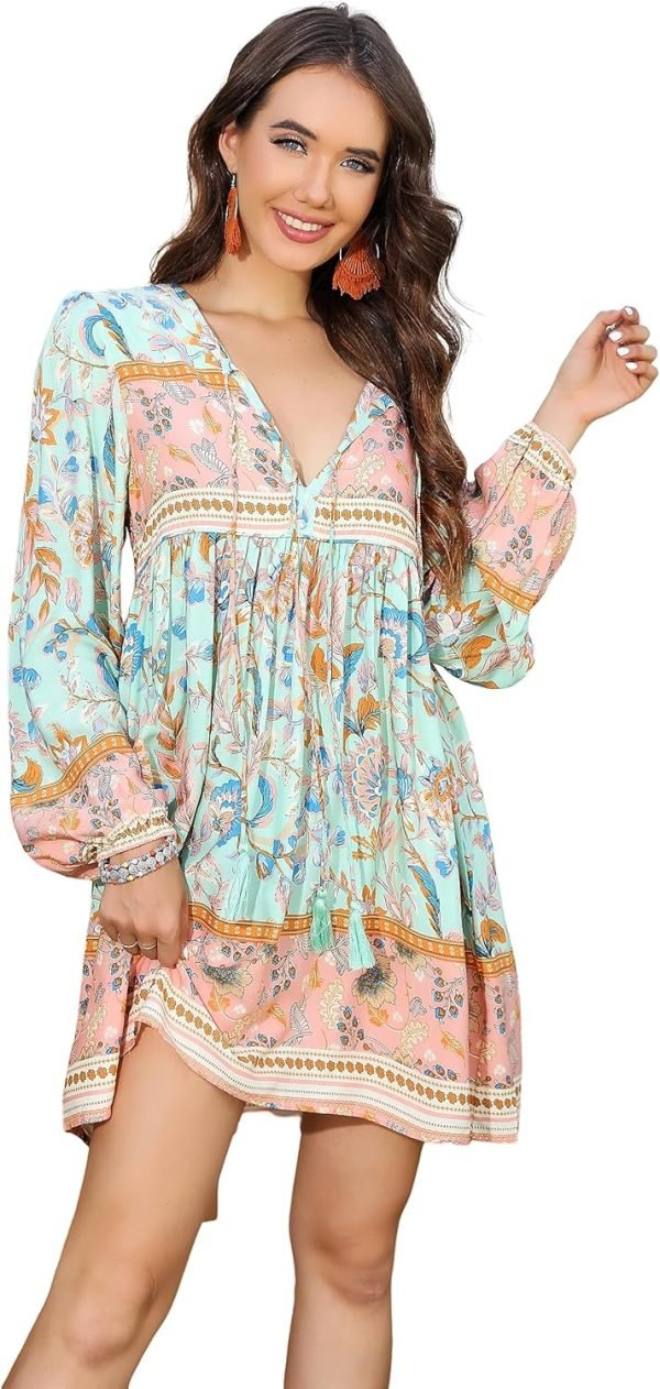 Saonta  Womens Long Sleeve Floral Casual Print Cotton Mini Tunic Dress