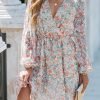 Saonta  Women's Floral Print Chiffon A-Line Mini Dress Long Peasant Sleeves