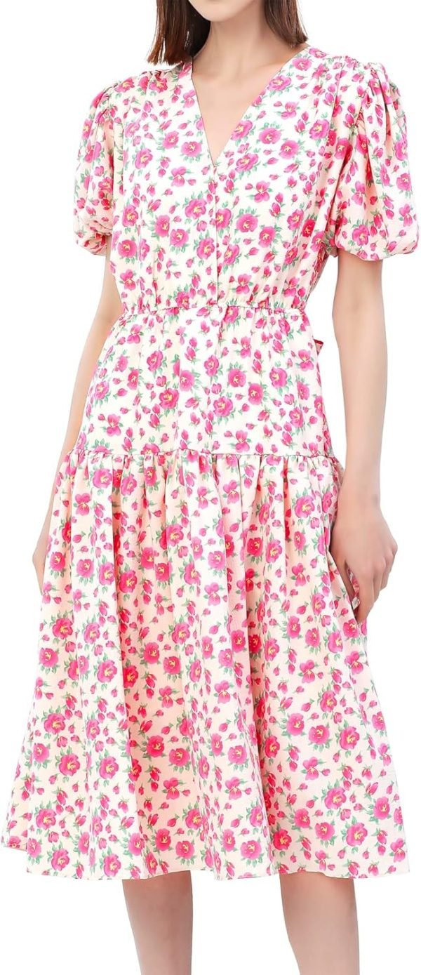 Saonta  Women's Short Sleeve V-Neck 3/4 Sleeve Button Up Chiffon Floral Pleated Midi Swing Dress with Belt