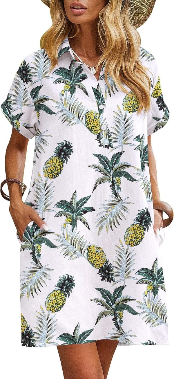 Saonta  Womens Cotton Shirt Dress Summer Casual Short Sleeve Button Down Beach Cover Up Shirts with Pockets
