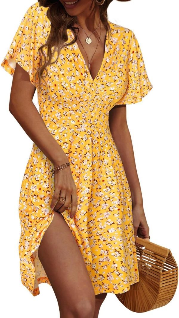 Saonta  Womens Sundress Summer Floral Short Sleeve Wrap V Neck A-Line Midi Dress
