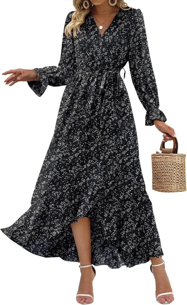 Saonta  Women Long Sleeve Wrap Maxi Dress V Neck Boho Floral High Waist Flowy Ruffle 2024 Spring Summer Dresses with Belt