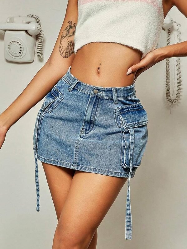 Saonta  Skirt Women y2k Button Mini Jeans Skirt Denim Skirt with Pocket Low Waist