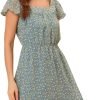 Saonta  K Women's Floral Chiffon Flutter Sleeve Belted Square Neck Ruffled Hem Dress