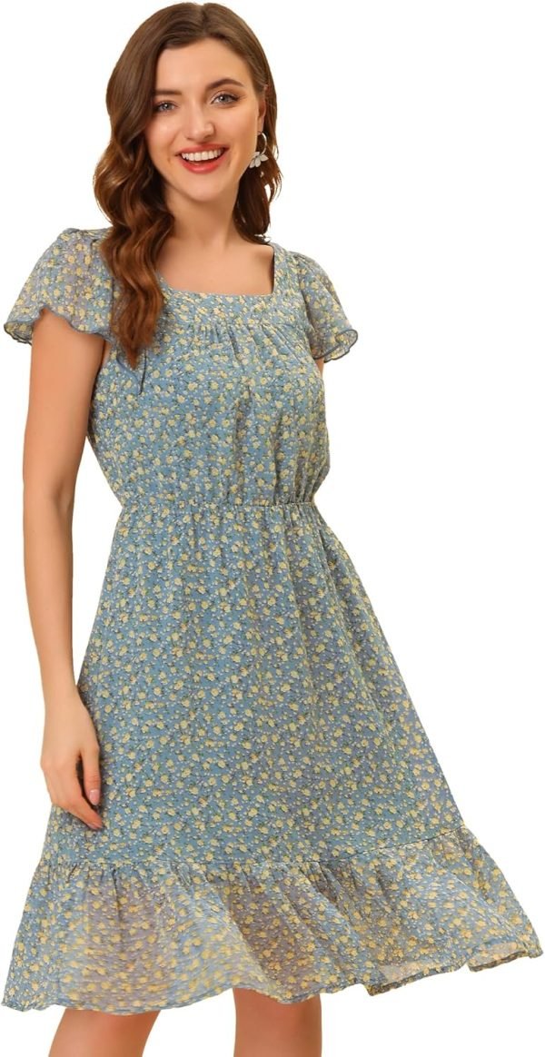 Saonta  K Women's Floral Chiffon Flutter Sleeve Belted Square Neck Ruffled Hem Dress