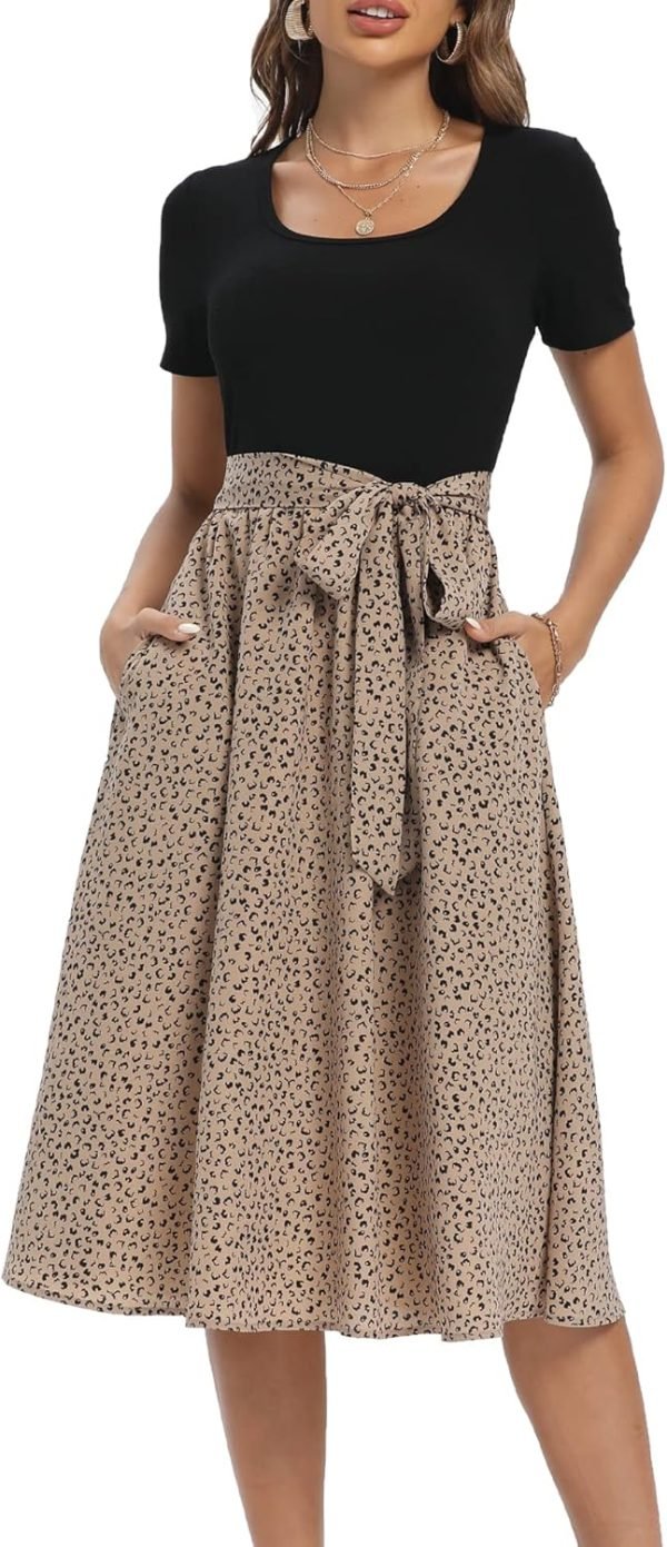 Saonta  Summer Dresses for Women 2024 Short Sleeve Elastic Waist Casual Dresses Ribbed Floral Work Midi Dress with Pockets