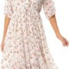 Saonta  Women's Short Sleeve V-Neck 3/4 Sleeve Button Up Chiffon Floral Pleated Midi Swing Dress with Belt
