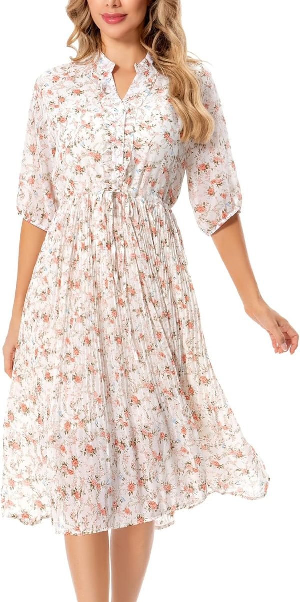 Saonta  Women's Short Sleeve V-Neck 3/4 Sleeve Button Up Chiffon Floral Pleated Midi Swing Dress with Belt