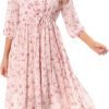 Saonta  Women's Short Sleeve V-Neck 3/4 Sleeve Button Up Chiffon Floral Pleated Midi Swing Dress with Belt