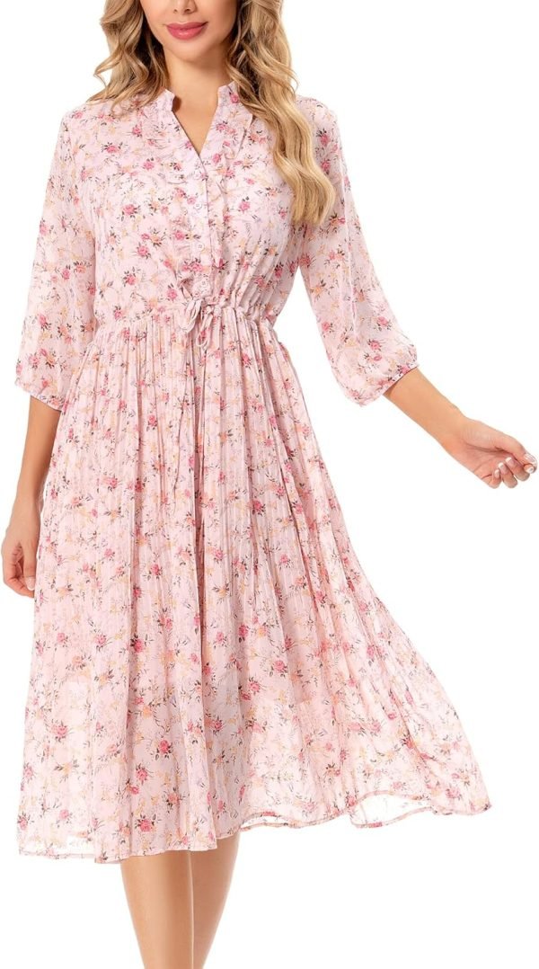 Saonta  Women's Short Sleeve V-Neck 3/4 Sleeve Button Up Chiffon Floral Pleated Midi Swing Dress with Belt