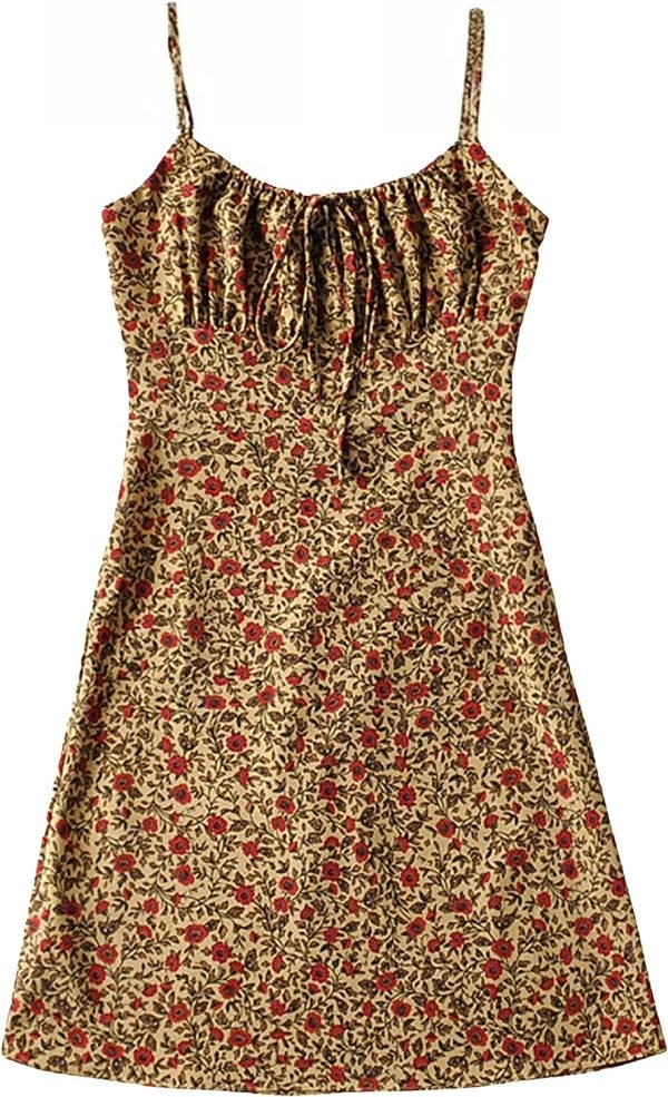 Saonta  Women's Floral Dress Low-Cut Square Neck Spaghetti Strap Tie Bodycorn Dresses