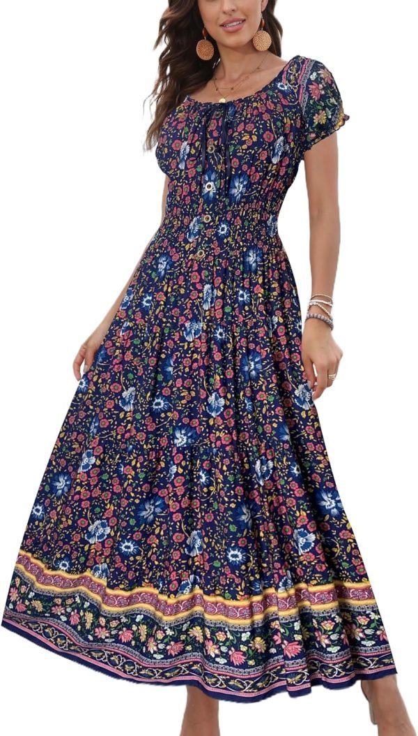 Saonta  Women's 2024 Summer Short Sleeves Boho Floral Print Tiered Casual Flowy Long Maxi Dress