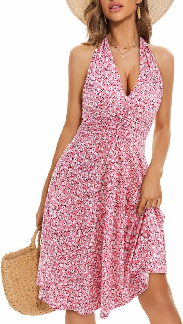 Saonta  Women's Summer Sundress Sleeveless Halter Neck Spring Boho Floral with Pocket Elastic Waist Ruffle Mini Dresses 2024