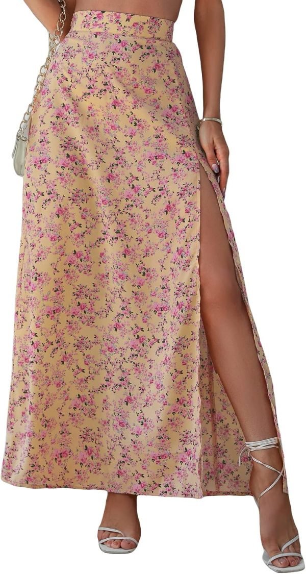 Saonta  Women's Sexy Boho Floral Split Thigh High Waist Swing Midi Skirt
