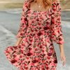 Saonta  Womens Summer Dresses 2024 Boho Floral Square Neck Smocked 3/4 Sleeve Casual A-Line Swing Mini Babydoll Dress