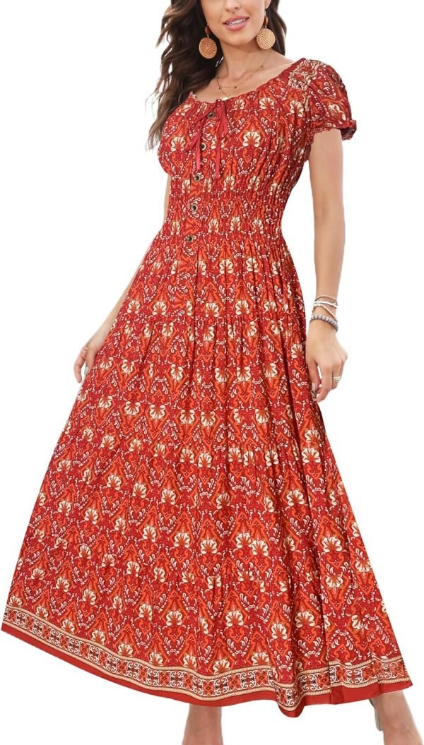 Saonta  Women's 2024 Summer Short Sleeves Boho Floral Print Tiered Casual Flowy Long Maxi Dress