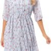 Saonta  Women's Short Sleeve V-Neck 3/4 Sleeve Button Up Chiffon Floral Pleated Midi Swing Dress with Belt