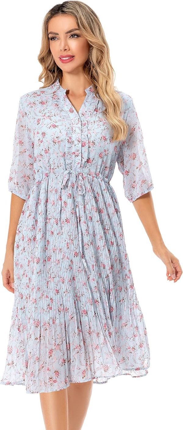Saonta  Women's Short Sleeve V-Neck 3/4 Sleeve Button Up Chiffon Floral Pleated Midi Swing Dress with Belt