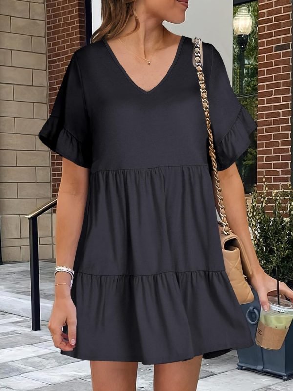 Saonta  Women's 2024 Summer Trendy V Neck Ruffle Short Sleeve A Line Tiered Flowy Casual Mini Beach Dress with Pockets
