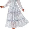 Saonta  Women 2024 Fall Dress Floral Boho Dress Casual Long Sleeve Crew Neck Ruffle A-Line Flowy Wedding Guest Maxi Dresses