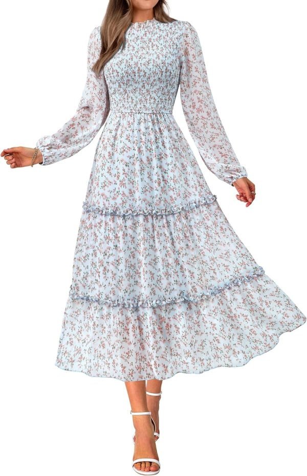 Saonta  Women 2024 Fall Dress Floral Boho Dress Casual Long Sleeve Crew Neck Ruffle A-Line Flowy Wedding Guest Maxi Dresses