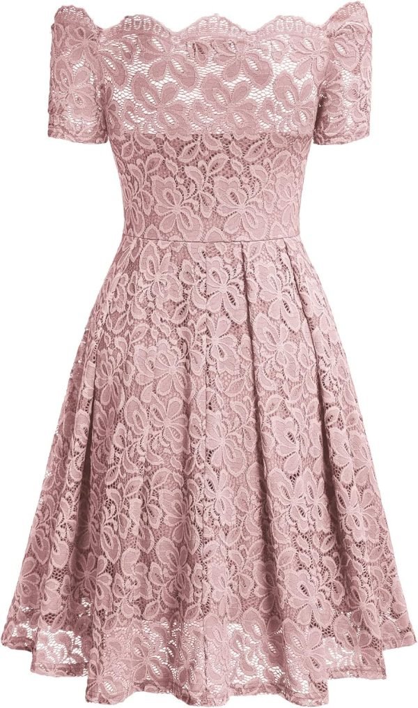 Saonta  Women's Vintage Floral Lace Short Sleeve Boat Neck Cocktail Party Swing Dress