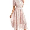 Saonta  Women's Short Sleeve Button Up Ruffle Chiffon Floral Midi Swing Dress with Belt