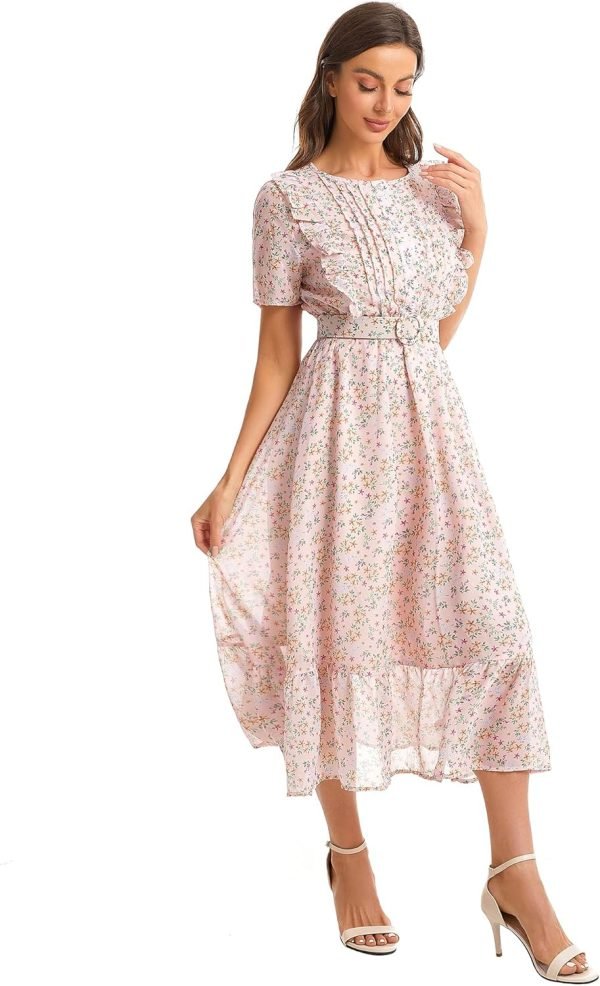 Saonta  Women's Short Sleeve Button Up Ruffle Chiffon Floral Midi Swing Dress with Belt