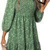Saonta  Womens Summer Dresses 2024 Boho Floral Square Neck Smocked 3/4 Sleeve Casual A-Line Swing Mini Babydoll Dress