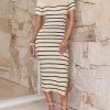 Saonta Women's Summer Bodycon Midi Dress 2024 Striped Short Sleeve Ribbed Knit Slim Fit Side Slit T Shirt Dresses