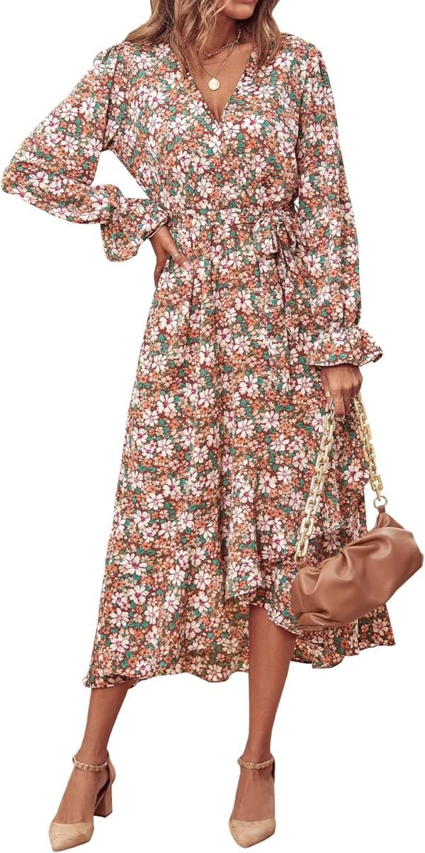 Saonta  Women Long Sleeve Wrap Maxi Dress V Neck Boho Floral High Waist Flowy Ruffle 2024 Spring Summer Dresses with Belt