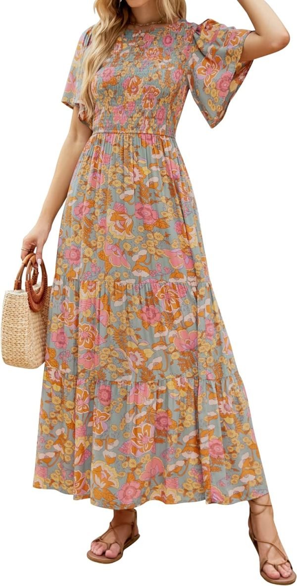Saonta Women's 2024 Summer Casual Floral Print Short Flutter Sleeve Crew Neck Smocked High Waist Flowy Maxi Dress
