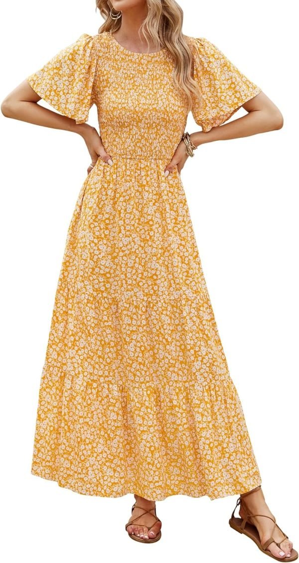 Saonta Women's 2024 Summer Casual Floral Print Short Flutter Sleeve Crew Neck Smocked High Waist Flowy Maxi Dress