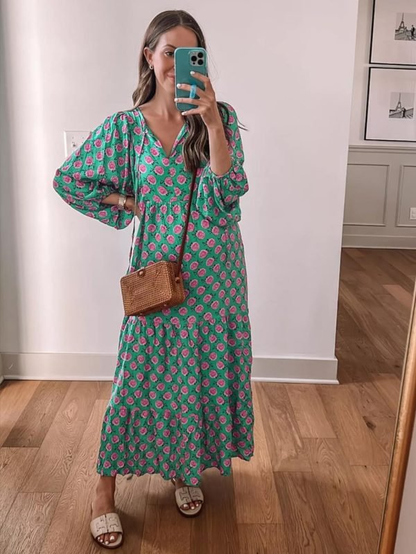 Saonta  Womens Loose Fit Casual Summer V Neck Half Sleeve Bohemian Geometric Pattern Maxi Long Dresses