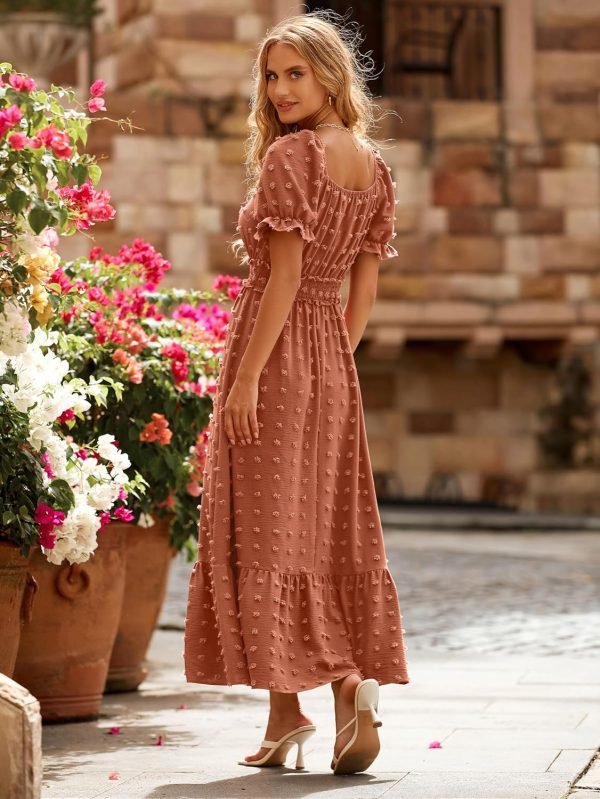 Saonta  Womens 2024 Puff Short Sleeve Square Neck Swiss Dot Smocked Waist Ruffle Hem Tiered Long Dress