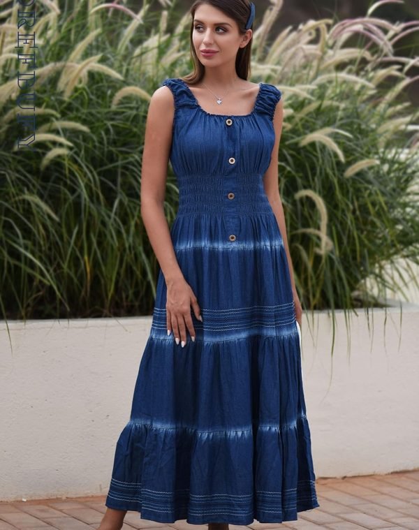 Saonta  Women's Maxi Dress Sleeveless Denim Long Summer A-line Casual Blue Cotton Boho Flowy Sundresses for Women