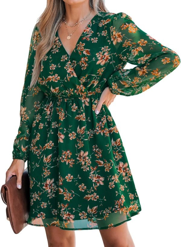 Saonta  Women's Floral Print Chiffon A-Line Mini Dress Long Peasant Sleeves