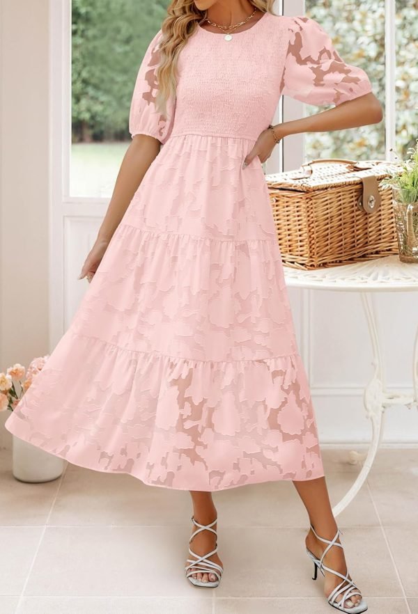 Saonta Women's 2024 Summer Short Puff Sleeve Crewneck Smocked Floral Lace Flowy A Line Tiered Maxi Dresses