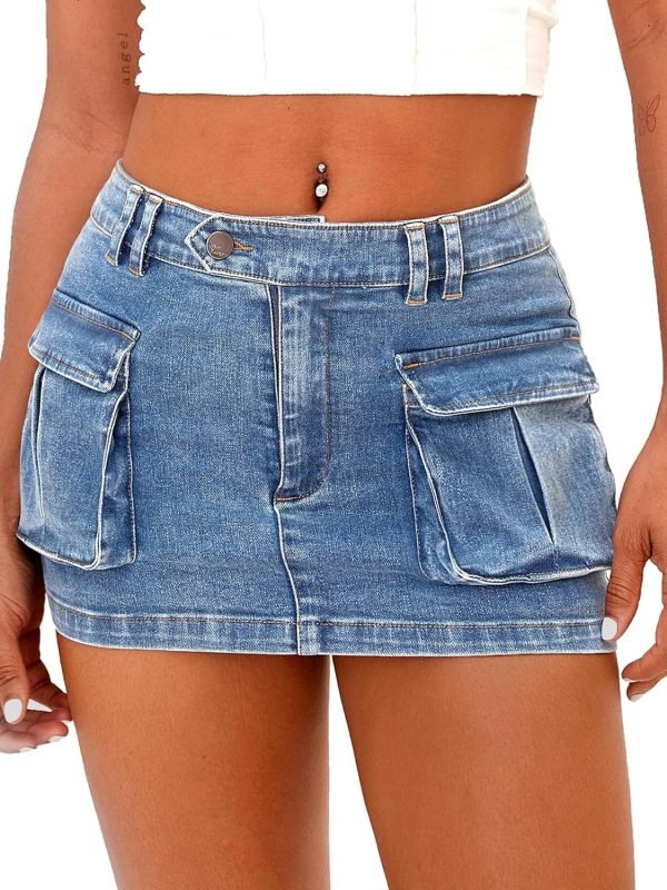 Saonta  Women's Low Waist Mini Saonta  Skirt Y2K, High-Stretch Bodycon Button Denim Skirt with Pockets