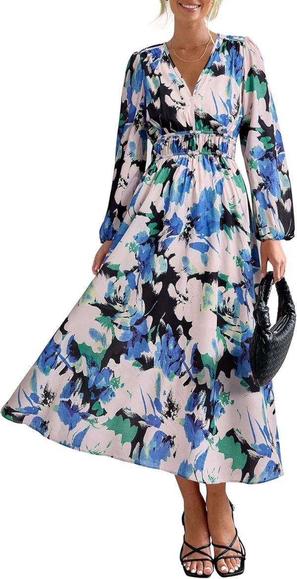 Saonta  Women's 2024 Fall Boho Maxi Dress Casual Long Sleeve V Neck Printed Beach Long Flowy Dresses