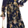 Saonta  Women's Floral Midi Dress Puff Long Sleeve Casual Ruffle Chiffon A-Line Swing Pleated Belted Tea Party Dresses