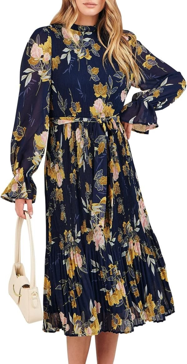 Saonta  Women's Floral Midi Dress Puff Long Sleeve Casual Ruffle Chiffon A-Line Swing Pleated Belted Tea Party Dresses