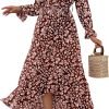 Saonta  Women Long Sleeve Wrap Maxi Dress V Neck Boho Floral High Waist Flowy Ruffle 2024 Spring Summer Dresses with Belt