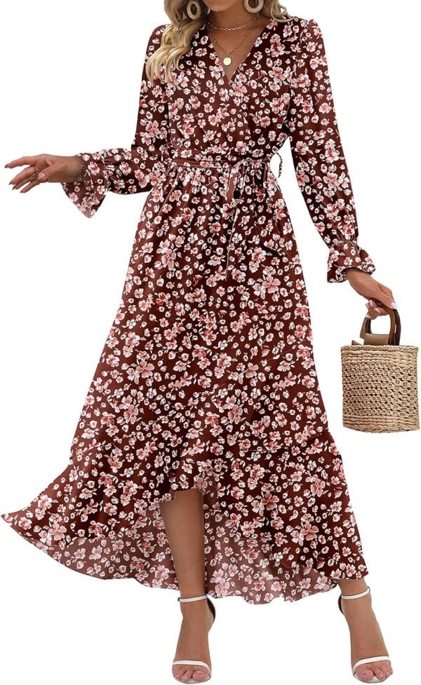 Saonta  Women Long Sleeve Wrap Maxi Dress V Neck Boho Floral High Waist Flowy Ruffle 2024 Spring Summer Dresses with Belt