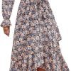 Saonta  Women Long Sleeve Wrap Maxi Dress V Neck Boho Floral High Waist Flowy Ruffle 2024 Spring Summer Dresses with Belt