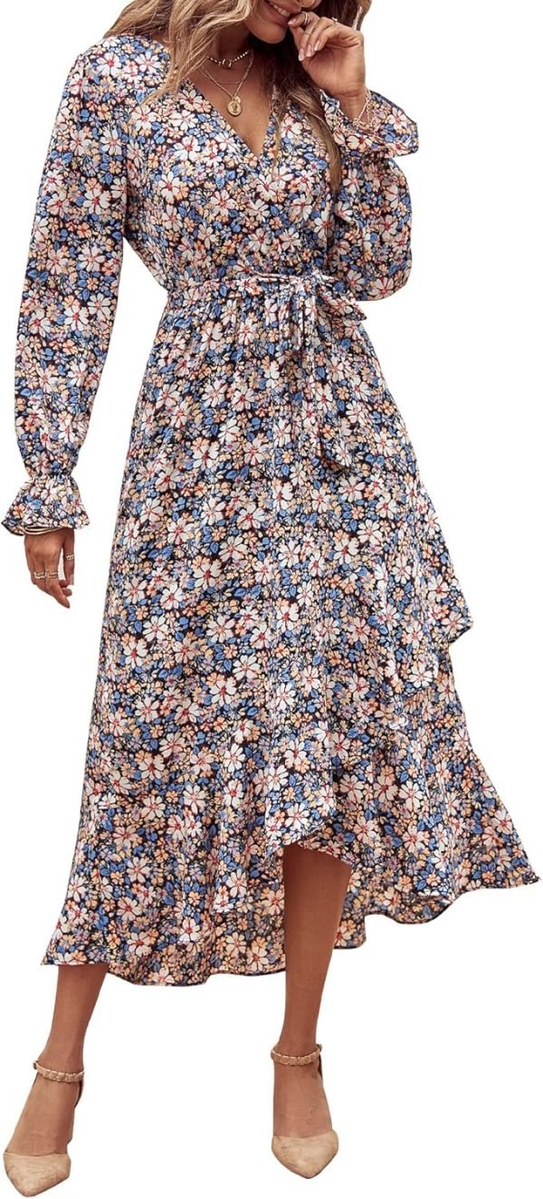 Saonta  Women Long Sleeve Wrap Maxi Dress V Neck Boho Floral High Waist Flowy Ruffle 2024 Spring Summer Dresses with Belt