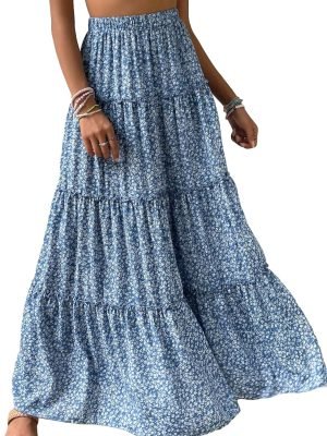 81BjfcmAsuL._AC_SL1500 Saonta Women's Floral Print Elastic High Waist Pleated Ruffle Flowy Long Skirts