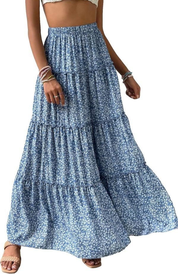 Saonta  Women's Floral Print Elastic High Waist Pleated Ruffle Flowy Long Skirts